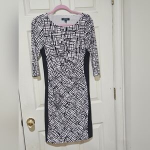 Lauren Ralph Lauren Geometric Black White Dress Sz 10 3/4 Sleeves